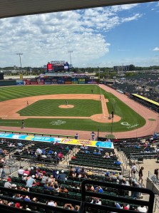 View of the baseball field from the box seat at the I-cubs game.
